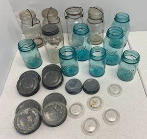 Group Of Antique BallAtlas Canning Jars And Glass Lids