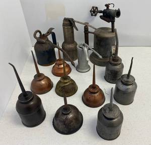 Group Of Vintage Oil Cans And Torch