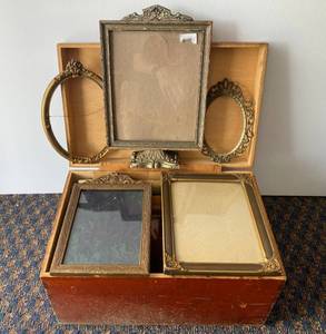 Vintage Wooden Box With Vintage Picture Frames