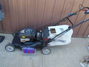 Craftsman self propelled lawn mower with bagger. Electric start equiped. Unsire about battery. Mower works as it should. As shown.
