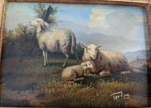 lot 23 image: Small Gold Framed Sheep Painting