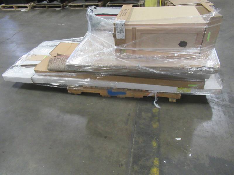 lot 300 image: LARGE WHOLESALESALVAGE PALLET Of Bifold Doors, Outdoor Tent Canopies (frames only) Cabinets and More