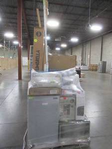 lot 15 image: LARGE WHOLESALESALVAGE PALLET Of SMALL APPLIANCES, UMBRELLAS, BUILDING MATERIALS AND MORE