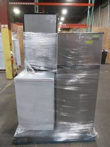 lot 19 image: LARGE WHOLESALESALVAGE PALLET (4 Pieces) OF FRIGIDAIRE BEVERAGE CENTER, THOMPSON 7.5 Cu. Ft. TOP FREEZER REFRIGERATOR, MONGOMERY WARD 3.2 FRIDGE AND THOMPSON 7.0 CHEST FREEZER