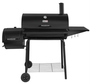 lot 951 image: Royal Gourmet Charcoal Grill in Black with Offset Smoker and Side Table - Manufacturer Defect - Handle and Thermometer Mounted on Wrong Side of Top Lid.