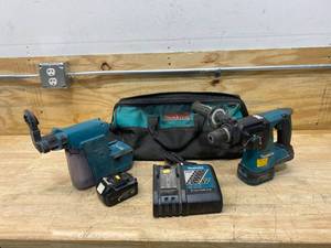lot 14 image: MAKITA LXRH01 18V Rotary Hammer, w HEPA Dust Extractor Attachment DX01 Vacuum with Charger, Battery and Bag