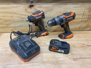 lot 87 image: RIDGID 12 Hammer Drill, Brushless 14 Impact Driver with Battery (2.0Ah) and Charger