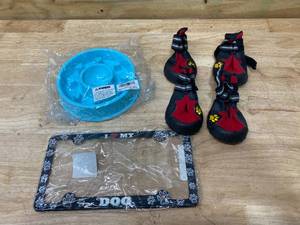 lot 110 image: Lot of Dog Related Items- slow feeder- doggie boots and I Love My Dog License Plate Cover