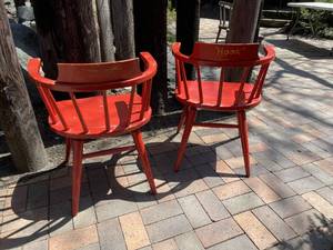 lot 39 image: Vintage Pair of Painted Red Captains Chairs