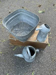 lot 119 image: Vintage Galvanized Items - Washtub Watering Can etc