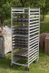 lot 12 image: speed rack with casters filled with round desert pans