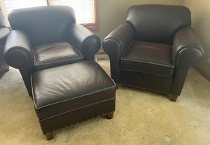 Classy Pair of Brown Faux Leather Chairs and an Ottoman