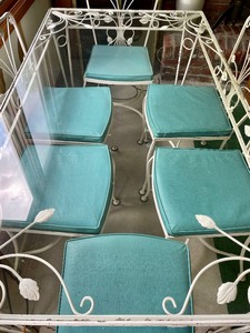 Vintage White Metal Table with a Glass Top and 6 Chairs