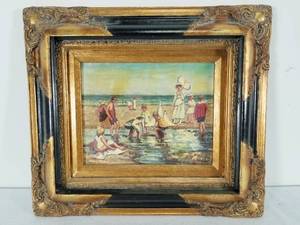 lot 1 image: L. Knight Oil Painting on Board of  People at the Beach