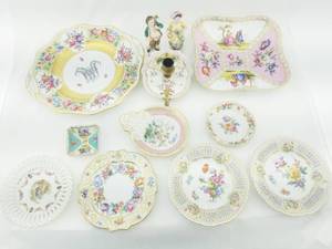 lot 85 image: Group of 12 Dresden Porcelain Dishes, 2 Figurines, and a Candle Holder