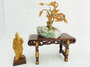 lot 40 image: Tree with Gems on Stand and Wooden Figure