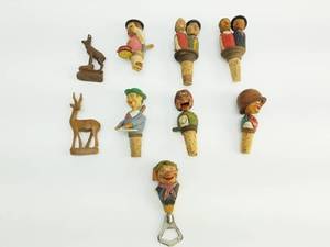 lot 100 image: Group of 6 Wood Winestoppers, 1 Bottle Opener, and 2 Deer Figurines