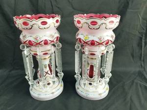 lot 103 image: Pair of Large Overlay Red Glass Lusters with Crystals