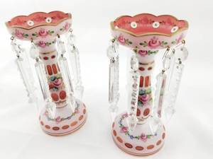 lot 133 image: Pair of Small Overlay Red Glass Lusters with Crystals