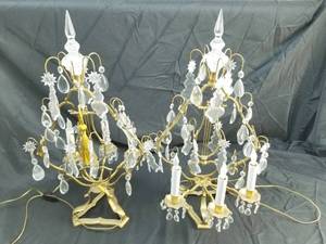lot 165 image: Pair of Lyre Shape Brass and Crystal Candelabra Lamps