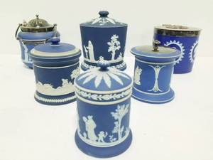 lot 108 image: Group of 6 Royal Blue and White Wedgewood Jasperware Lidded Vases or Urns