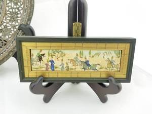 lot 47 image: 2 Framed Asian Scenes, Pendant, and Ornate Metal Plate with Stands