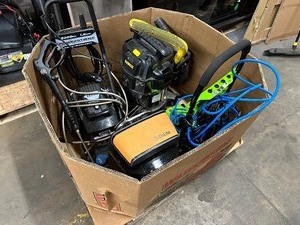 lot 43 image: Bulk Pallet Repairable  Parts - PowerStroke 2200 & Greenworks Elite 2000 Pressure Washers, Dewalt Shop Vac, Biolite Wood firepit  Grill