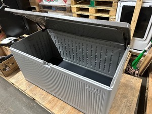 lot 51 image: Suncast Deck Box, 160 Gallon Extra Large All-Weather Storage Shed Ellie Gray - Used Very Good