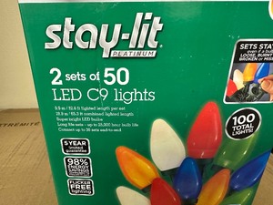 lot 62 image: New 2 Pack SYLVANIA Stay-Lit Platinum LED C9 String Lights, 2 Sets of 50 bulbs  32.6 Each, Indoor  Outdoor