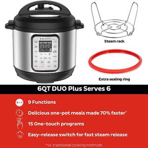 lot 51 image: Instant Pot Duo Plus 6 Quart 9-in-1 Electric Pressure Cooker, Slow Cooker,
