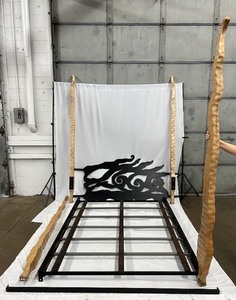 lot 9 image: Enchanted Forest Four Poster Contemporary Bed with Black Metal Design Headboard- Queen