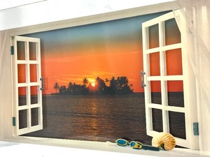 lot 67 image: Unique Vintage Tropical Sunset Vista Wall Art with Bubbling Water Audio FeatureMirrored Border