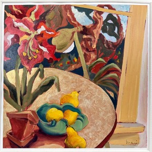 lot 85 image: Gorgeous Framed Original Surrealist Oil Still LifeAmaryllis and Pears - Signed Mari