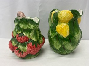 lot 144 image: Two Vintage Italian Hand Painted Majolica Fruit Themed Pitchers - Lemons & Strawberries
