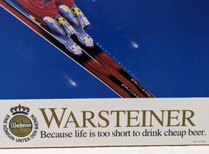 lot 92 image: 1995 Warsteiner Beer Wood Ski Racing Sign with Salomon, Descente