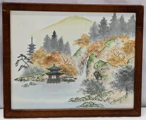 lot 93 image: Original Signed Japanese Sheer Linen Watercolor - Landscape with Pagodas