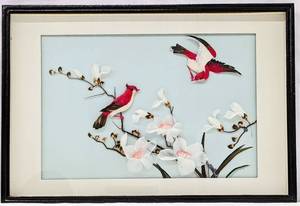 lot 99 image: Original Japanese Art Feather Montage and Signed Birds Watercolor