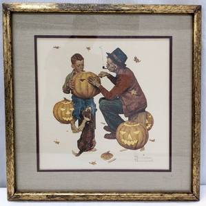 lot 100 image: Three Framed Prints Rockwell  Ghostly Gourds, Hofmann  Jesus in the Temple, Hornell  Music of the Woods