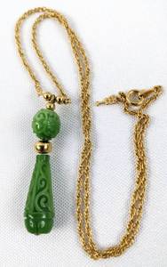 lot 192 image: Vintage Jade Look Jewelry Items - Two Necklaces, Turtle PinPendant, Earrings