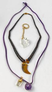 lot 197 image: Vintage Stones and Leather - Bear Claw, Crystal and Thong Necklaces, Billfolds, Sea Glass Keychain
