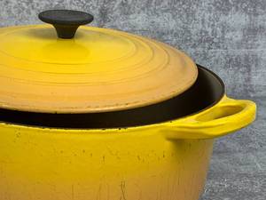 lot 123 image: Vintage LeCreuset Dutch Oven Model  #26 YellowOrange