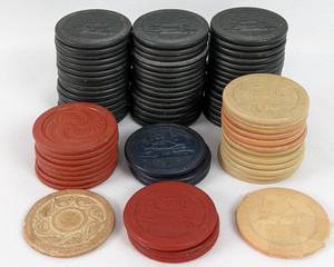 lot 202 image: 76 Vintage 1940s Clay-Embedded Poker Chips - Stop Monkeying Theme, Others