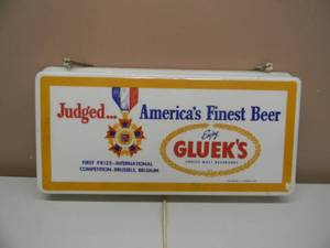 VERY RARE VINTAGE ENJOY GLUEKS LIGHTED BEER SIGN - Judged...Americas Finest Beer - Fantastic Piece - WORKS - APPROX 21 By 10 - SEE PICTURES