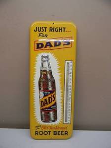 VINTAGE DADS ROOT BEER JUST RIGHT...FOR DADS THERMOMETER - EMBOSSED KING SIZE METAL - FANTASTIC PIECE - VERY NICE - APPROX 26 By 10 - SEE PICTURES