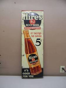 RARE VINTAGE ORIGINAL - Hires R-J ROOT BEER METAL ADVERTISING SIGN - FANTASTIC PIECE - VERY COOL - APPROX 13 By 40 - SEE PICTURES