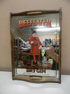 VINTAGE BEEFEATER LONDON DISTILLED DRY GIN MIRRORED WOOD HANDLED TRAY - NICE - AWESOME PIECE - APPROX 12 By 16 - SEE PICTURES