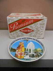 VINTAGE GRAIN BELT BEER SERVING TRAY 13 & VINTAGE GRAIN BELT PREMIUM CARDBOARD BOTTLE CASE - AWESOME SET - SEE PICTURES