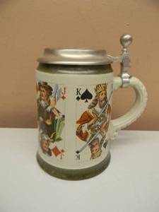 VINTAGE MARZI und REMY GERMANY STONEWARE PEWTER LIDDED CARDS BEER STEIN - GREAT PIECE - SEE PICTURES