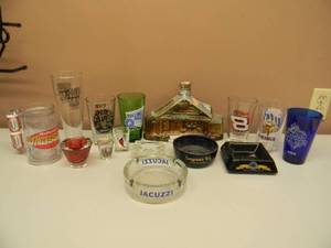 VINTAGE COLLECTION OF BEER GLASSES, ASHTRAYS, DECANTER - SEE PICTURES