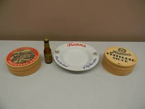VINTAGE HAMMS BEER - ASHTRAY, PREFERRED STOCK MINI BOTTLE, PREFERRED STOCK COASTERS - NICE SET - SEE PICTURES